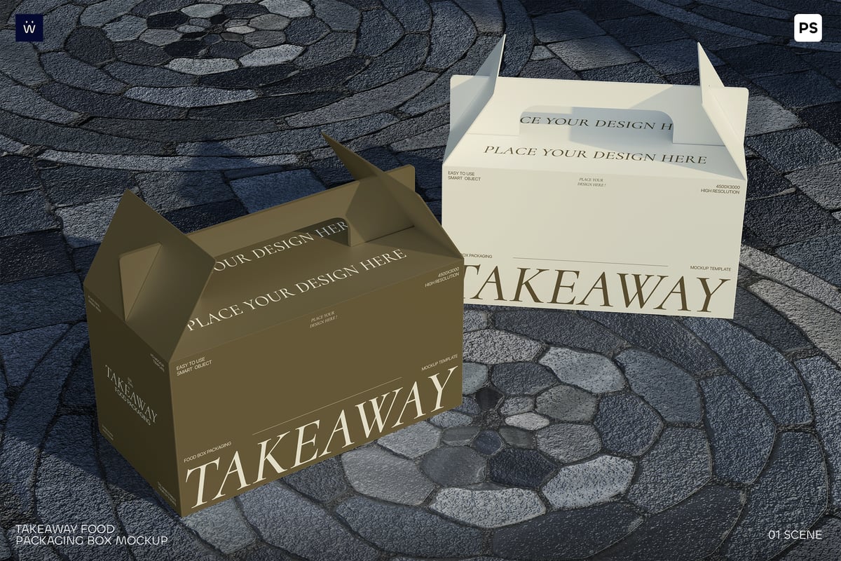 外卖食品包装盒模型样机 (PSD,PDF)