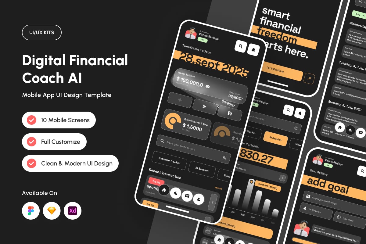 AI财务教练应用 APP UI KIT (FIG,SKETCH,XD)