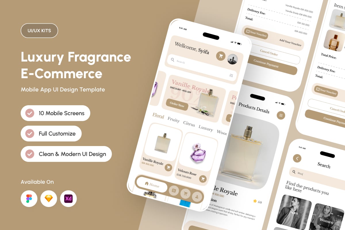 香水电子商务应用APP UI KIT (FIG,SKETCH,XD)