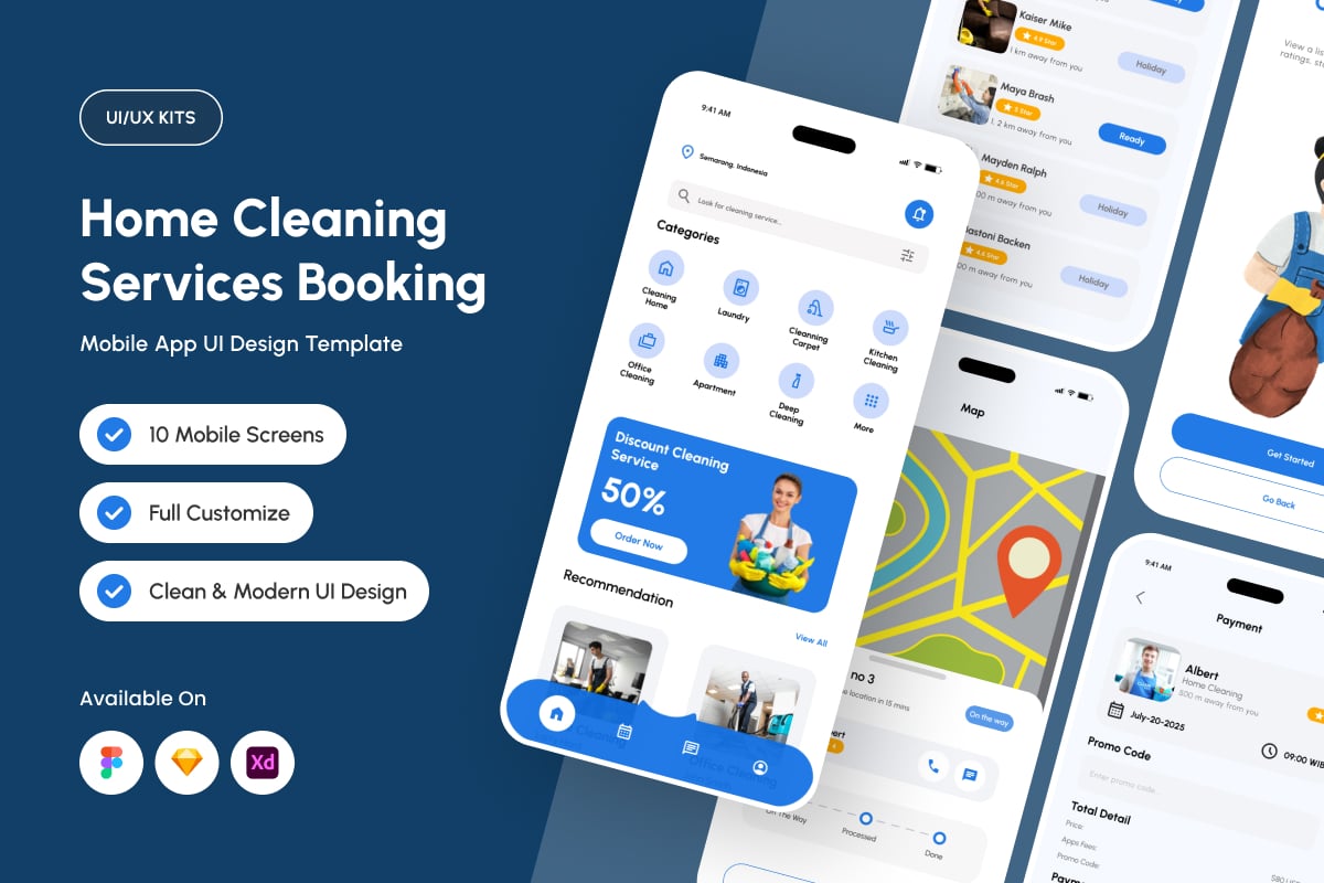 家庭清洁服务预订APP UI KIT (FIG,SKETCH,XD)