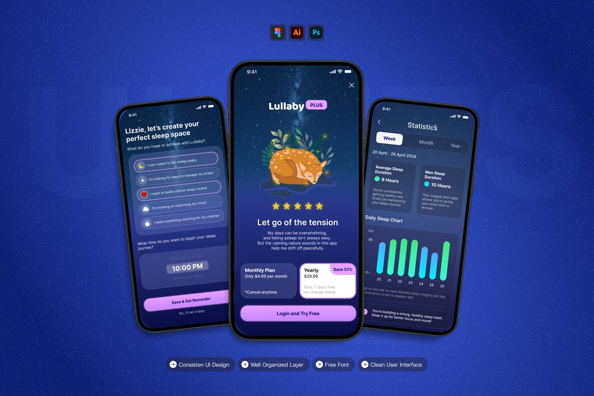 睡眠冥想 – 移动应用APP UI KIT (AI,EPS,FIG,PSD)