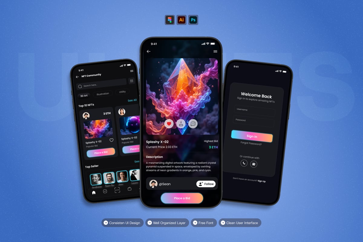 NFT市场 – 移动应用APP UI KIT (AI,EPS,PSD,FIG)