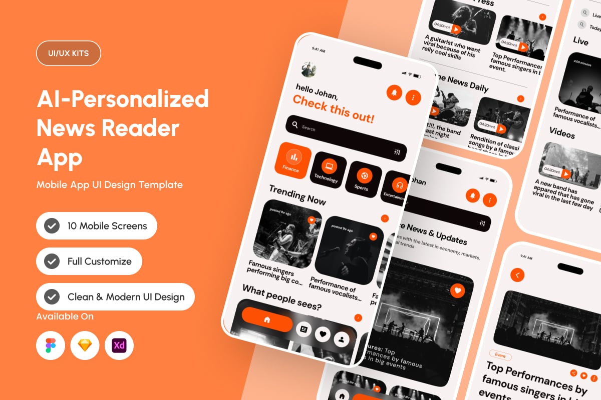 AI个性化新闻应用APP UI KIT (FIG,SKETCH,XD)