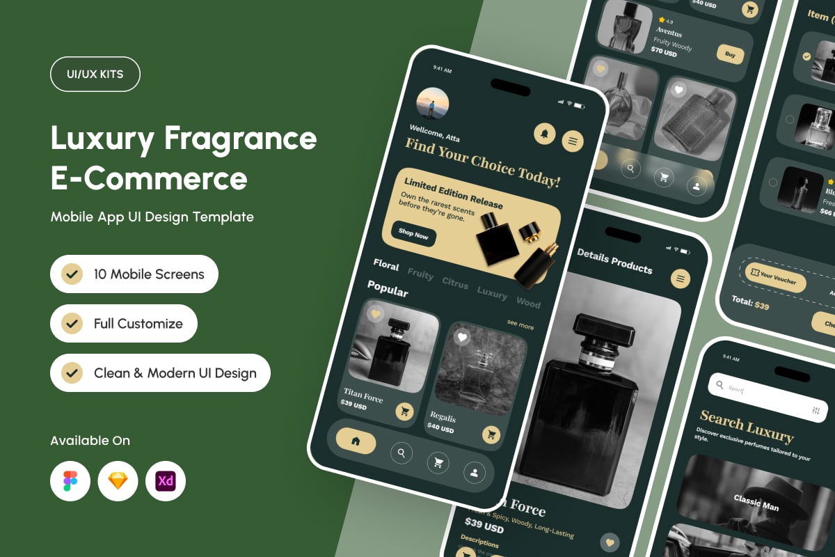 豪华香水电子商务应用APP UI KIT (FIG,SKETCH,XD)