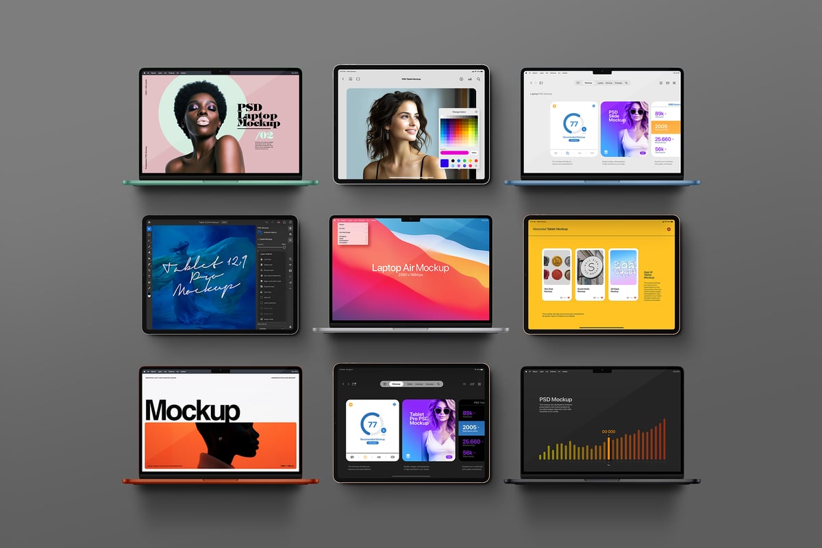 笔记本电脑和平板电脑模型集样机 (PSD)