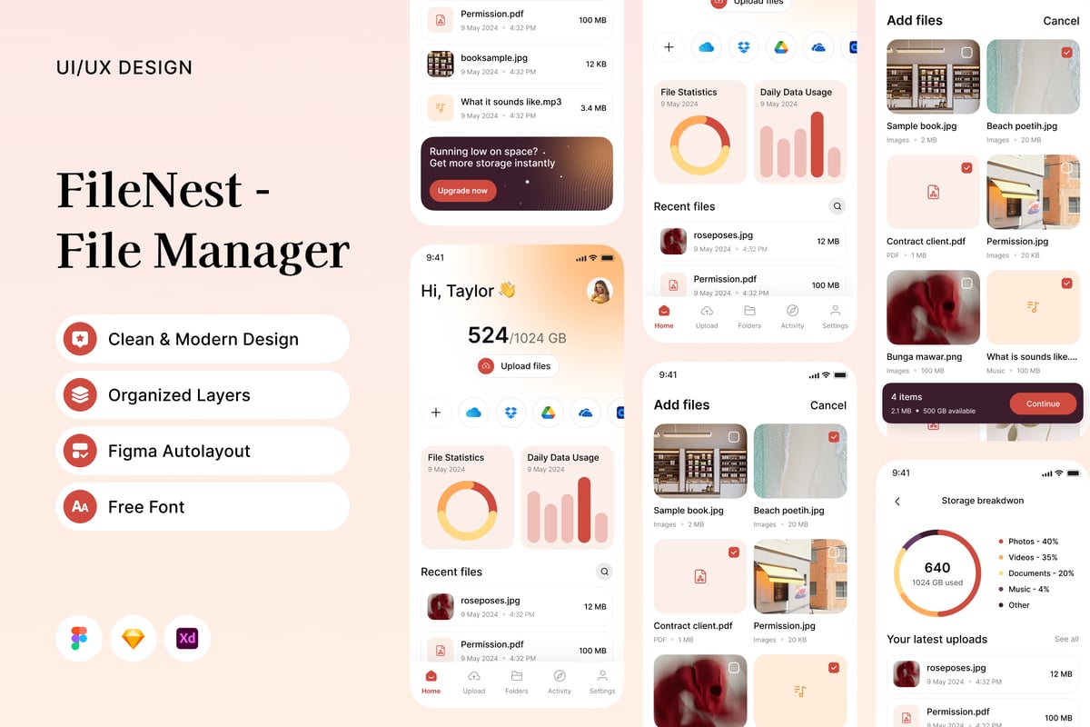 文件管理器移动应用APP UI KIT (FIG,SKETCH,XD)