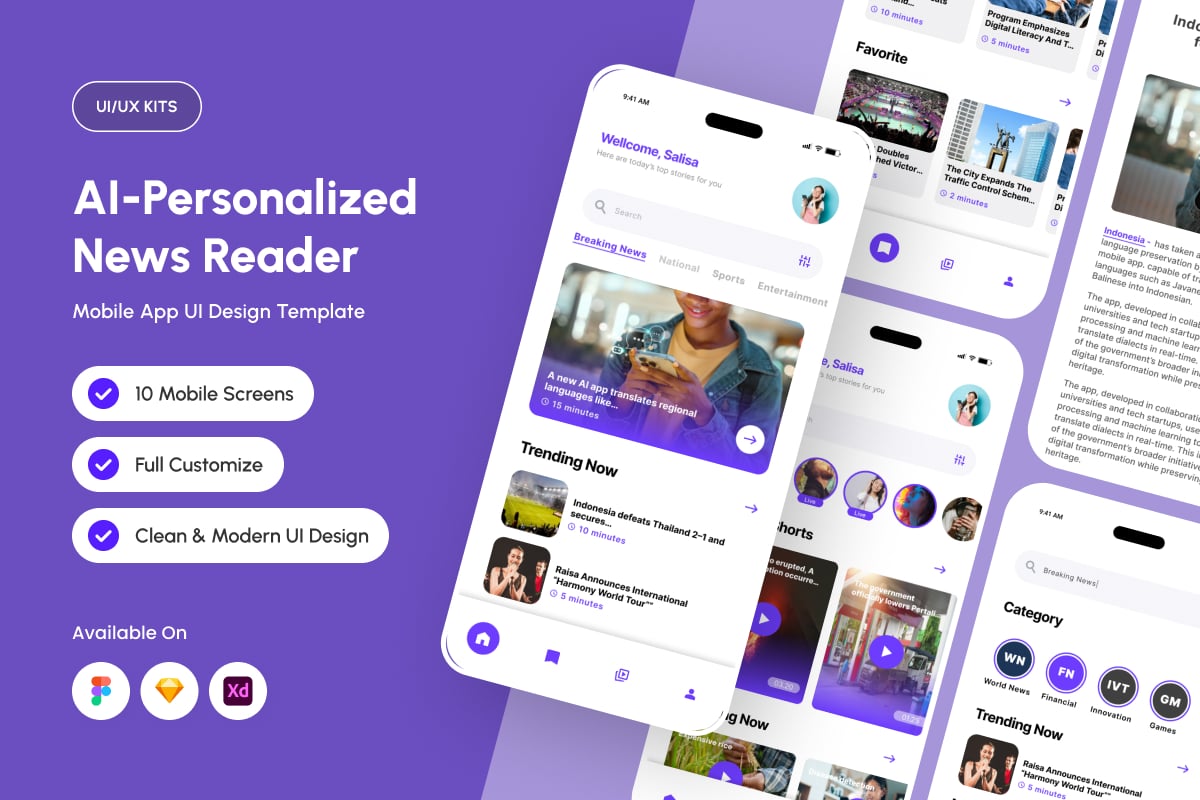 智能AI新闻应用APP UI KIT (FIG,SKETCH,XD)