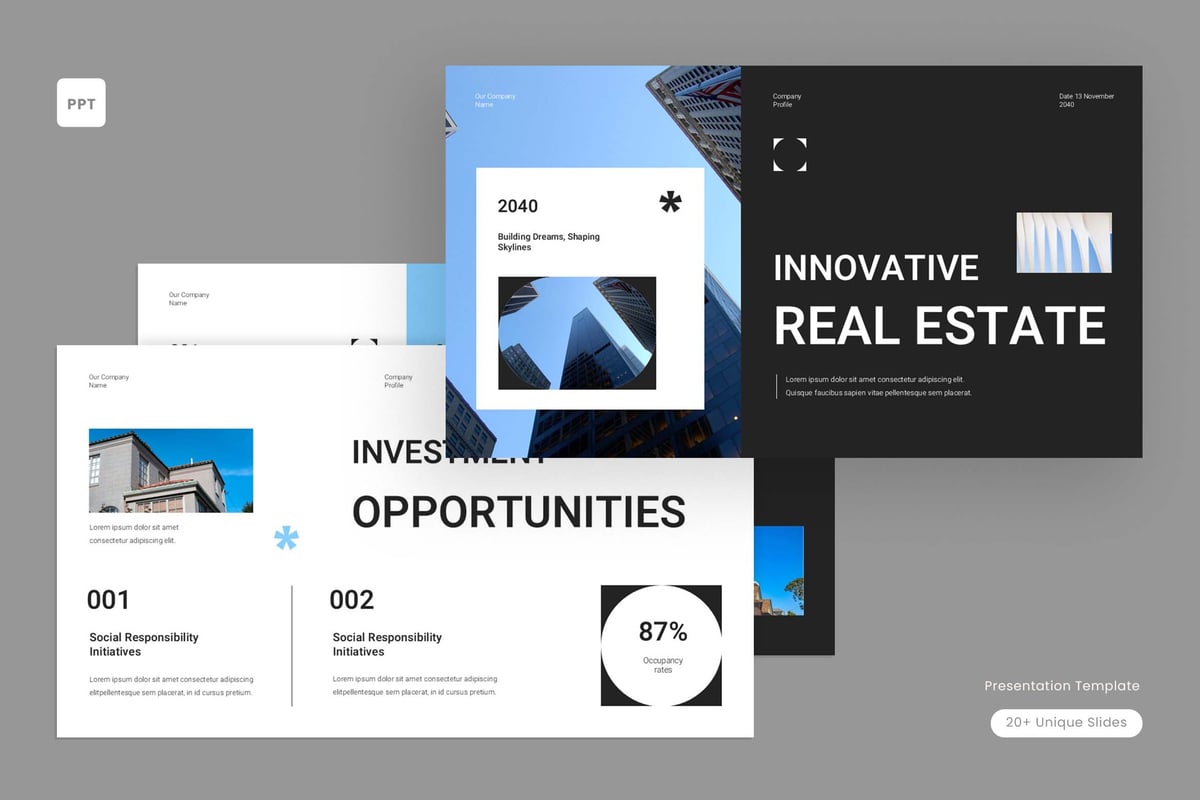 黑色极简主义房地产公司资料PPT模板 (PPT,PPTX)
