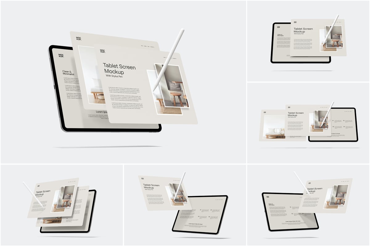 带手写笔的景观平板电脑屏幕模型样机 (PSD)