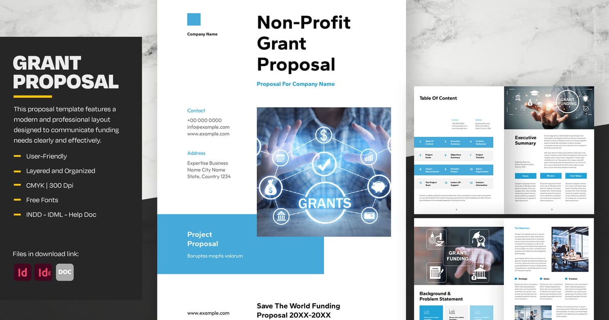 简洁的非营利性拨款提案，带有蓝色点缀