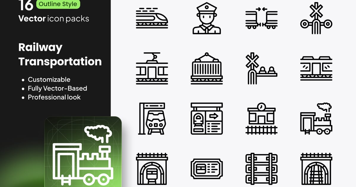 铁路运输图标 – 16 个矢量轮廓