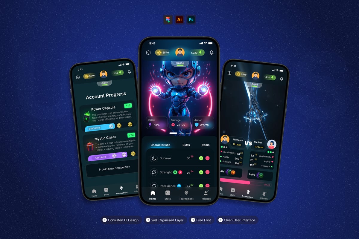 战斗游戏 – 移动应用APP UI KIT (AI,EPS,PSD,FIG)