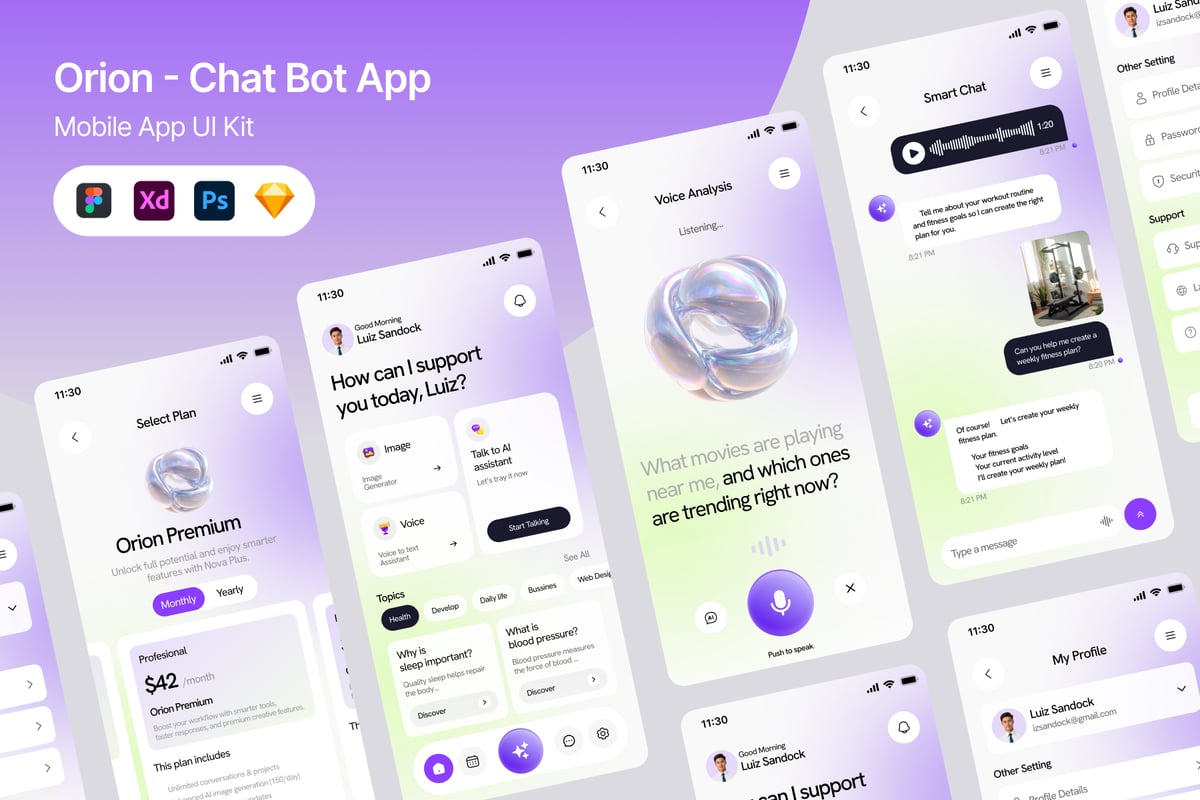 AI聊天助理应用APP UI KIT (FIG,PSD,SKETCH,XD)