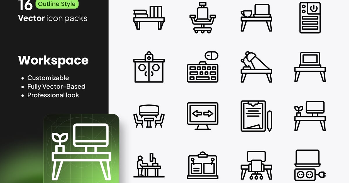 工作区图标 – 16 个矢量轮廓