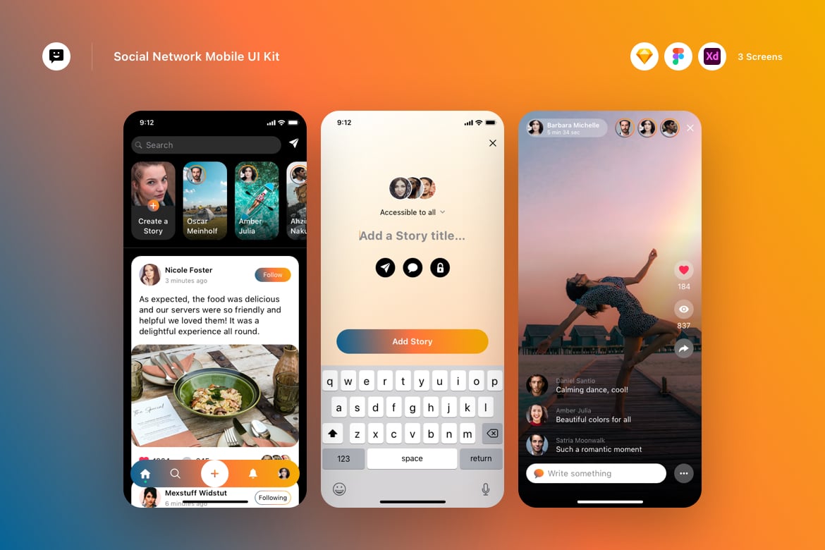 社交网络移动UI套件APP UI KIT (SKETCH,FIG,XD)