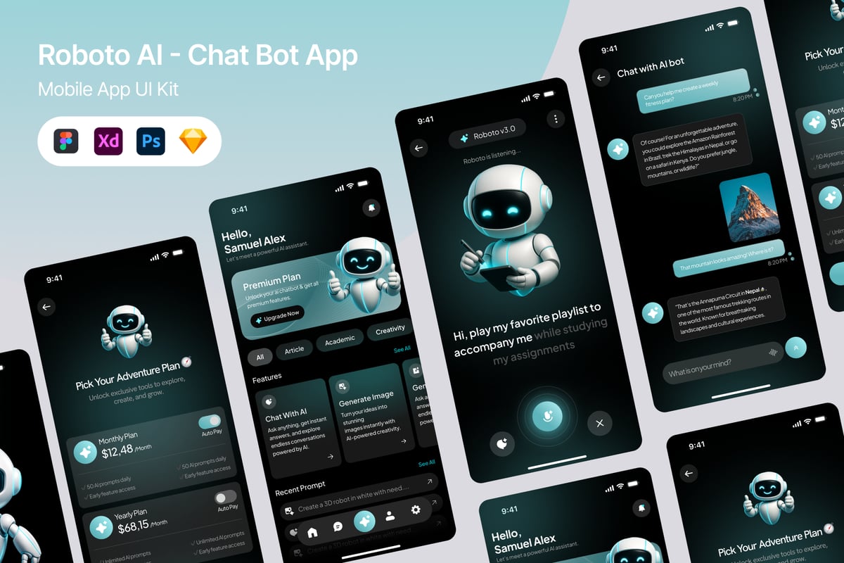 AI  – 聊天机器人应用APP UI KIT (FIG,PSD,SKETCH,XD)