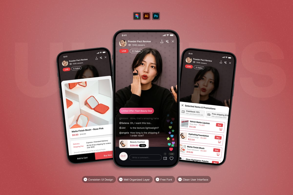直播电商移动应用APP UI KIT (AI,EPS,PSD,FIG)