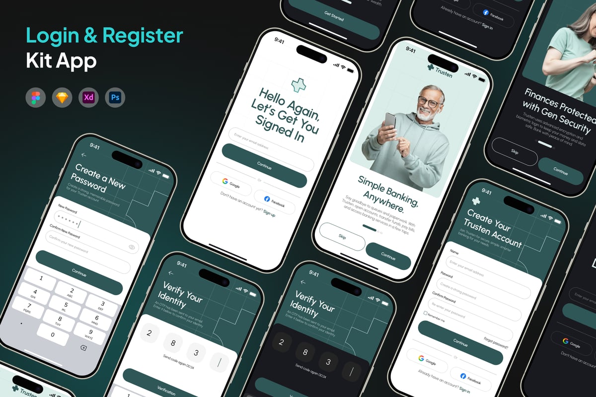 登录和注册套件移动应用APP UI KIT (FIG,PSD,SKETCH,XD)