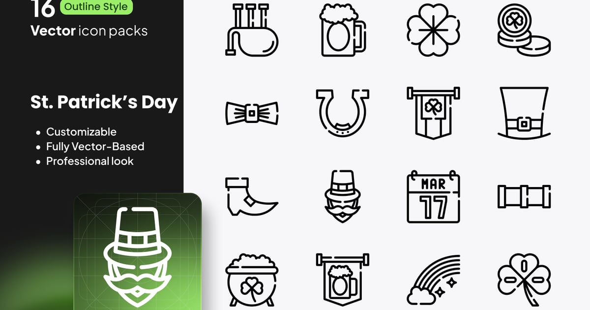 圣帕特里克节图标 – 16 个矢量轮廓