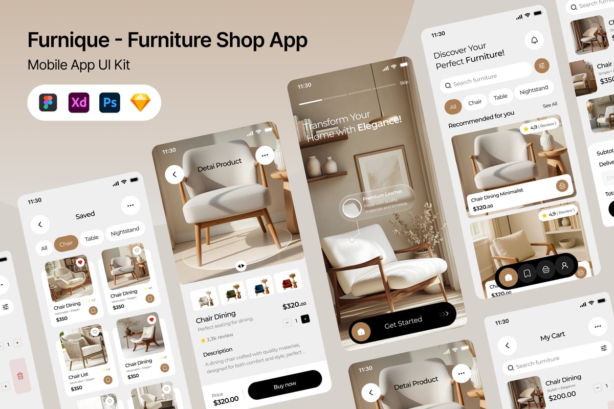 家具店应用APP UI KIT (FIG,PSD,SKETCH,XD)