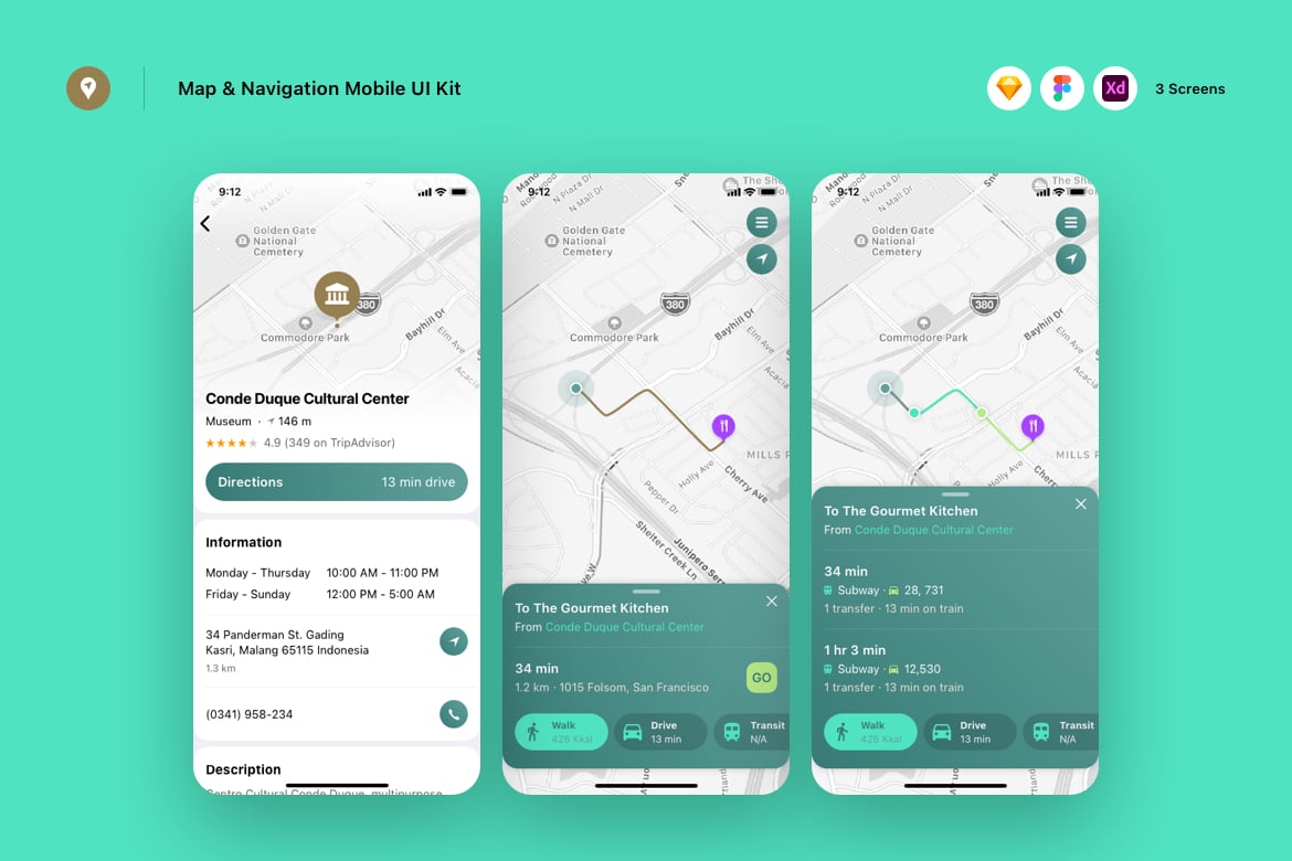 地图和导航移动UI套件APP UI KIT (SKETCH,FIG,XD)