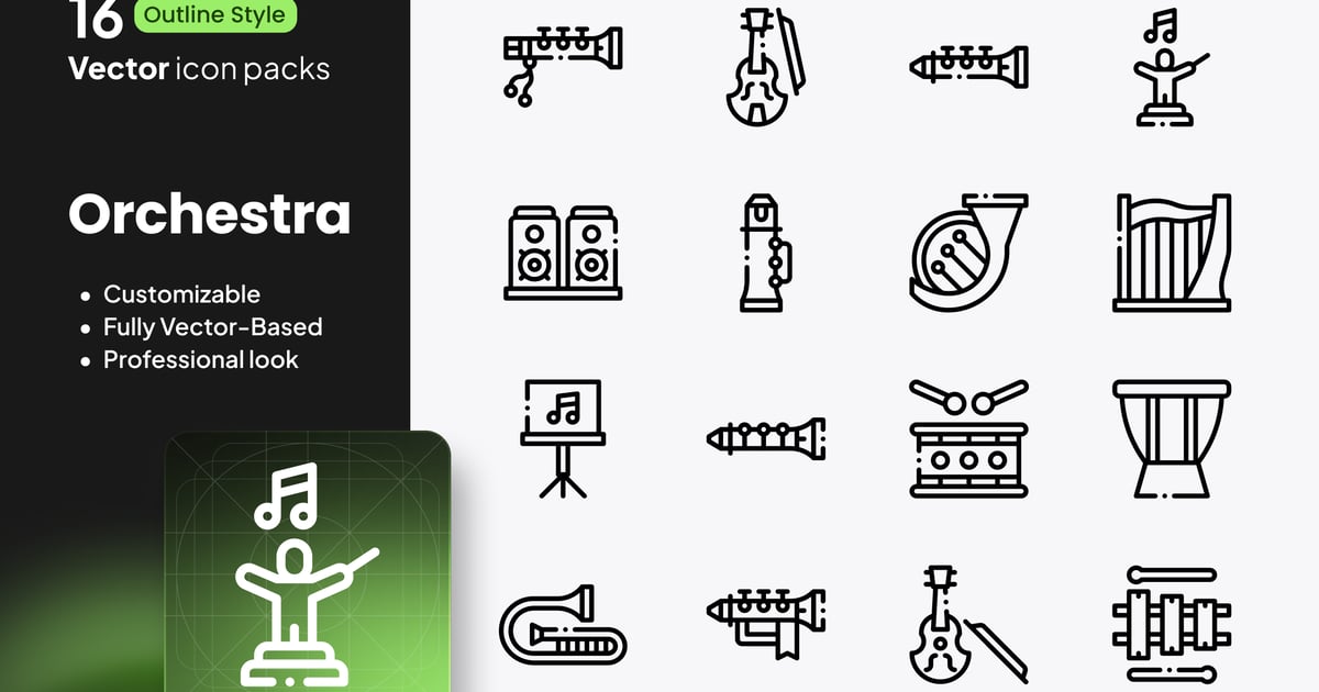 管弦乐队图标 – 16 个矢量轮廓