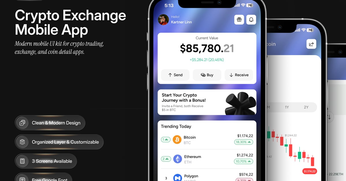 加密货币交易所移动应用程序 UI 设计套件