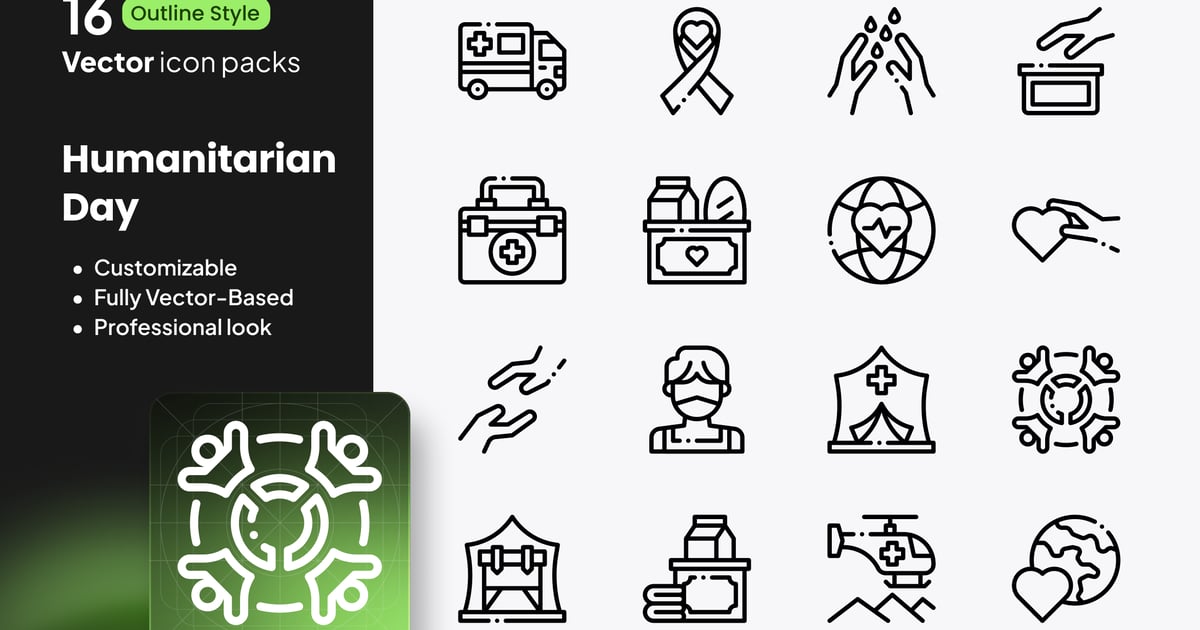 人道主义日图标 – 16 个矢量轮廓