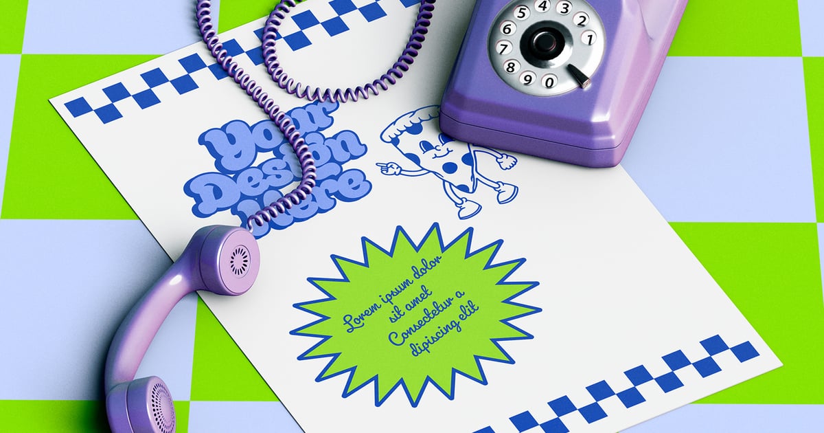 复古海报样机，配有复古电话