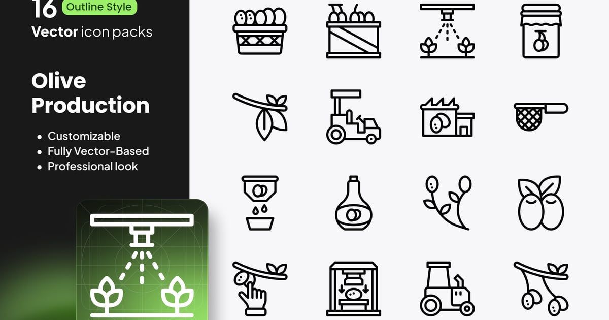 橄榄生产图标 – 16 矢量轮廓