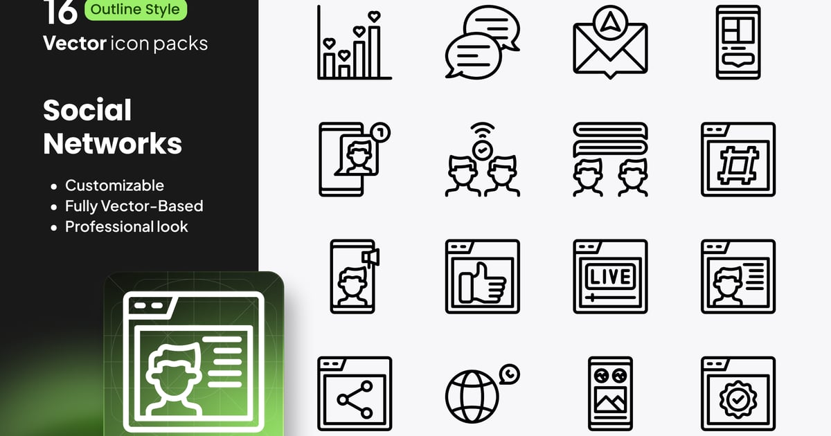 社交网络图标 – 16 个矢量轮廓