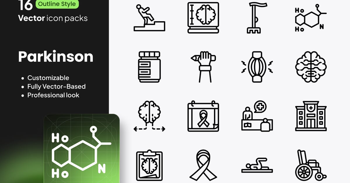 帕金森病图标 – 16 个矢量轮廓