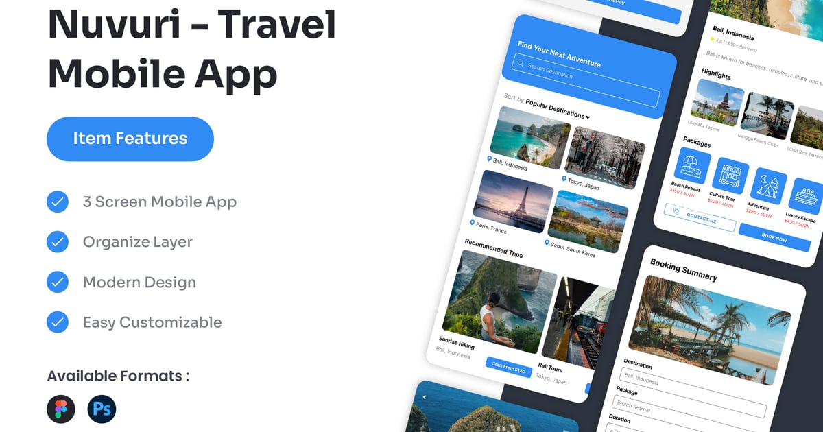Nuvuri – 旅行移动应用 UI 套件