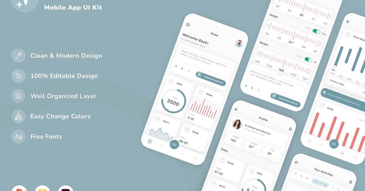 AI健康追踪器移动应用UI套件