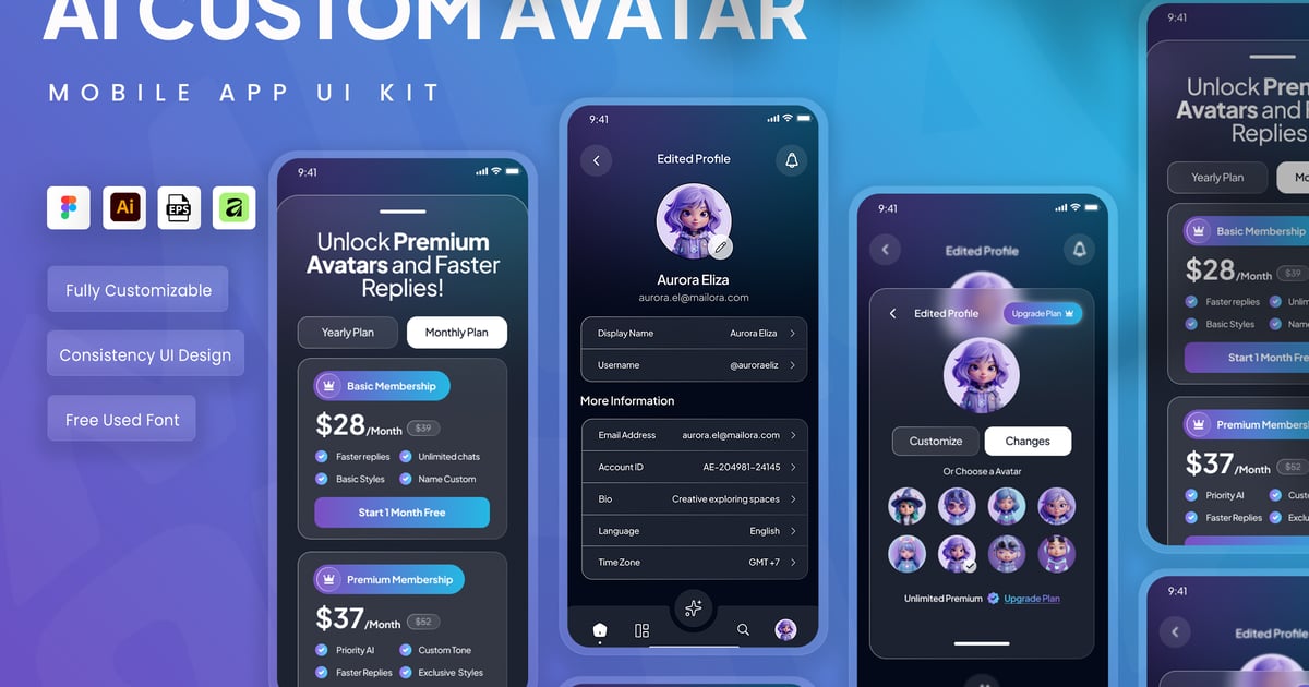 AI自定义头像移动应用UI套件