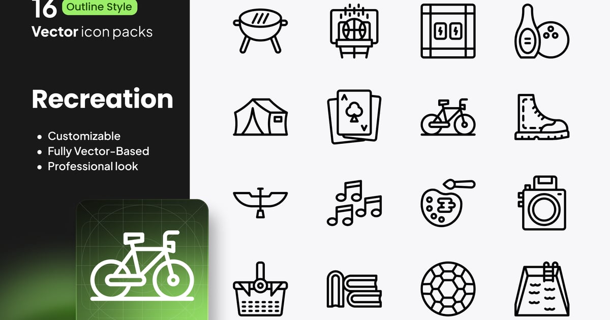 休闲娱乐图标 – 16 个矢量轮廓