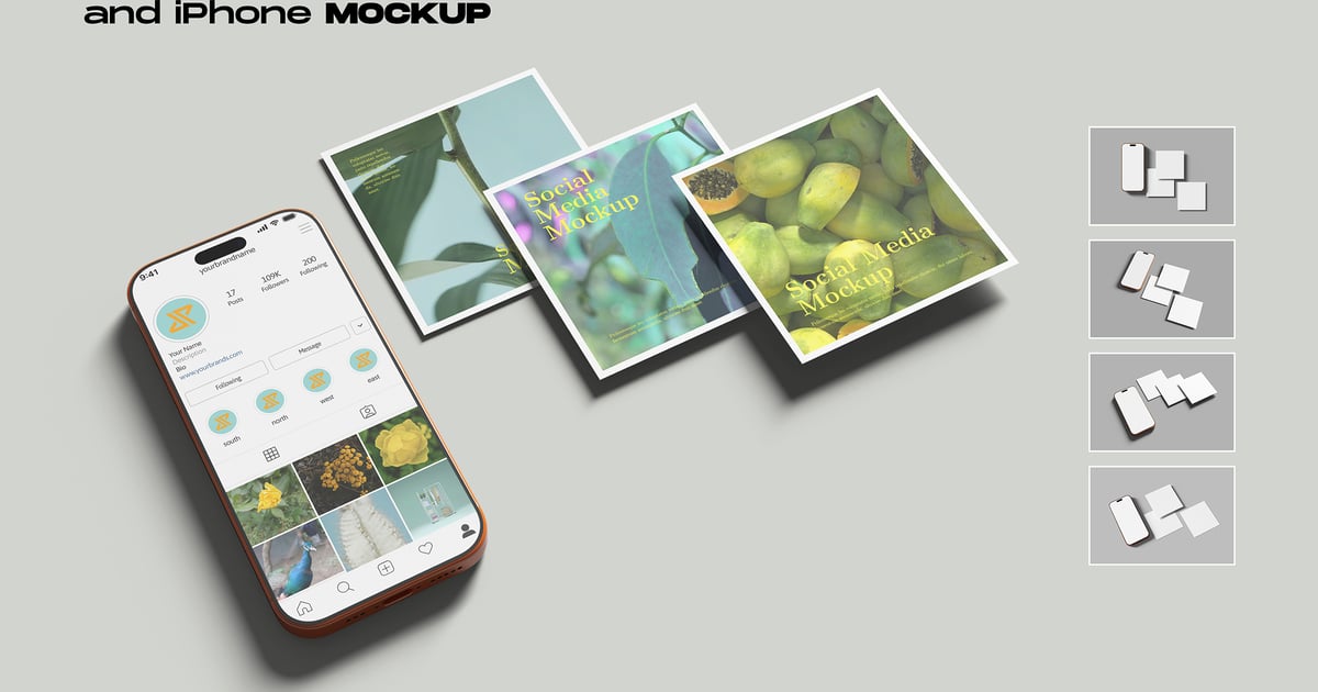 社交媒体页面和 iPhone 模型
