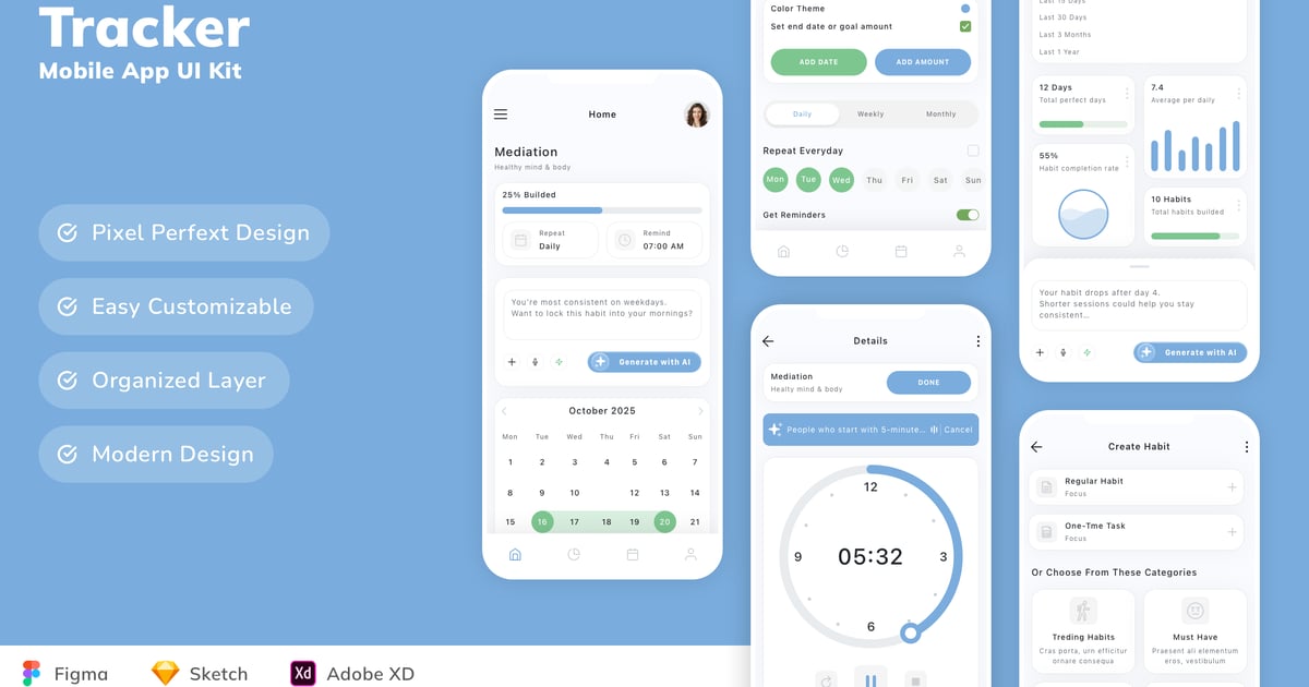 日常习惯追踪器移动应用 UI 套件