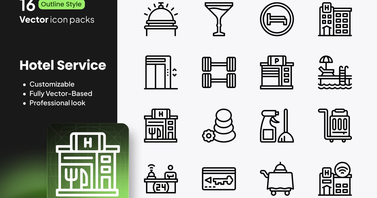 酒店服务图标 – 16 个矢量轮廓