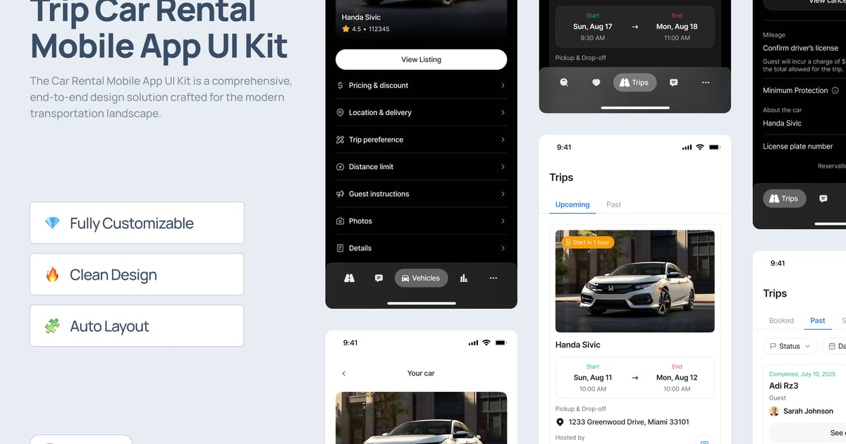 旅行租车移动应用 UI 套件 – Ridezy