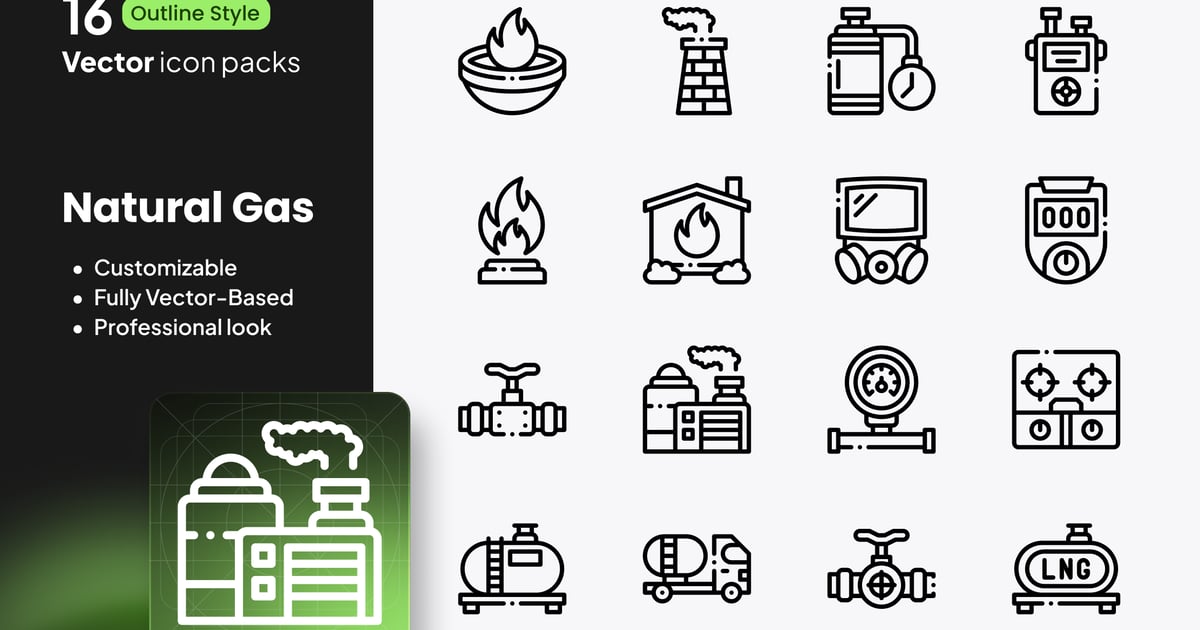 天然气图标 – 16 个矢量轮廓
