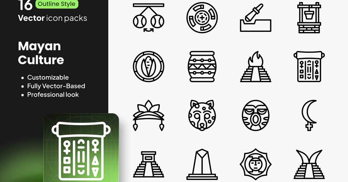 玛雅文化图标 – 16 个矢量轮廓