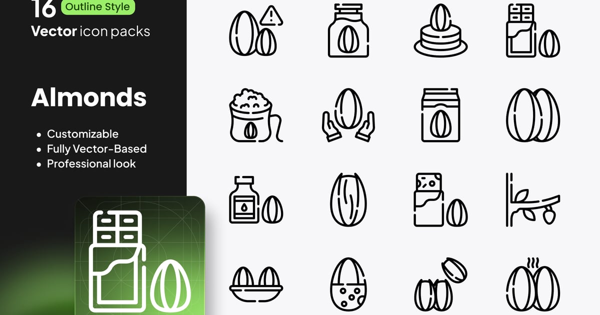 杏仁图标 – 16 个矢量轮廓
