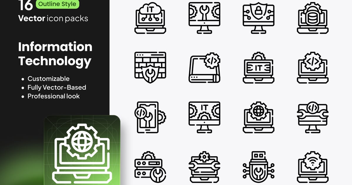 信息技术图标 – 16 个轮廓