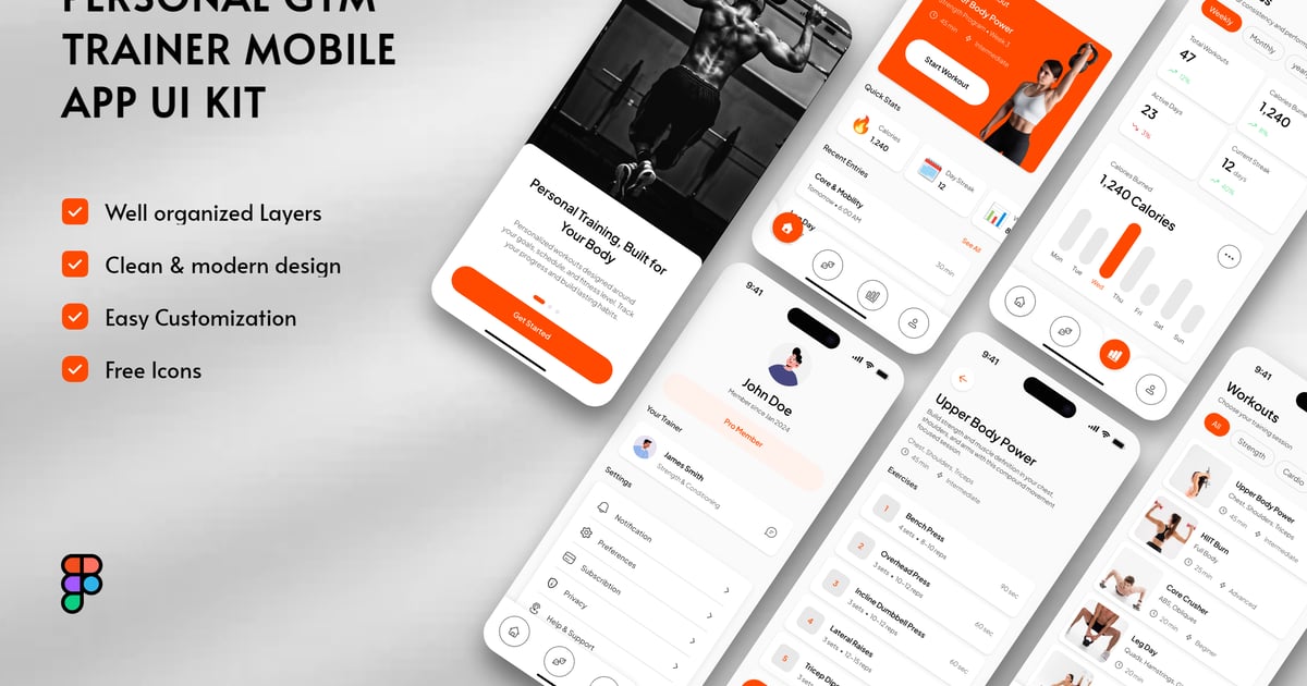 私人健身教练移动应用 UI 套件