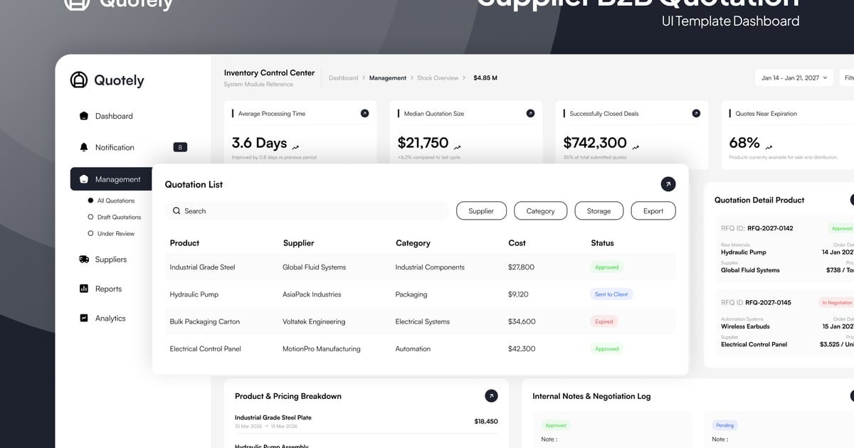 Quotely – 供应商 B2B 报价管理页面