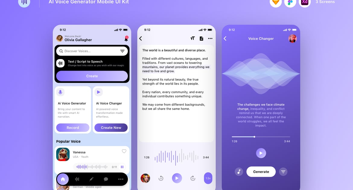 AI语音生成器移动UI套件