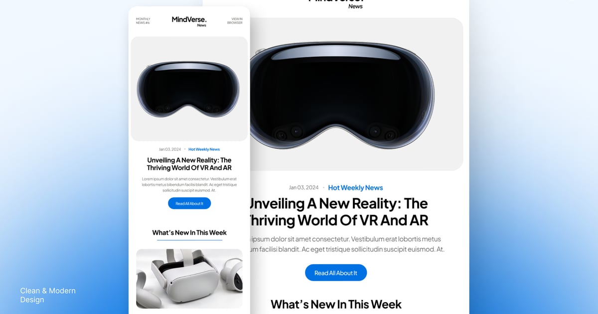 MindVerse – VRAR 行业新闻电子邮件简讯用户界面