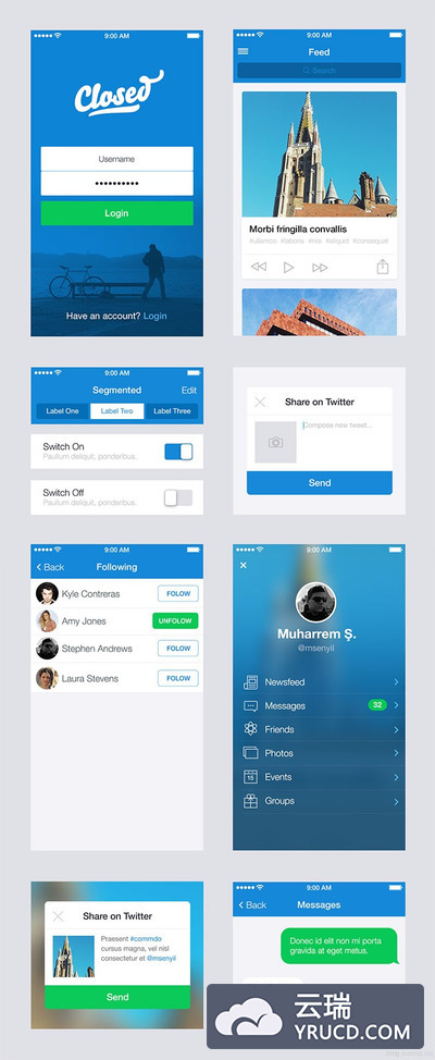 清爽又明快的蓝绿色风格APP界面模板套装PSD下载