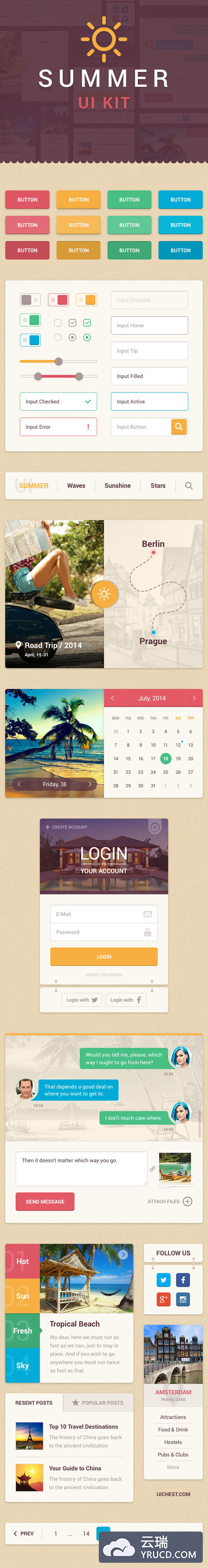 summer暑假旅行风格的手机APP界面PSD套装下载